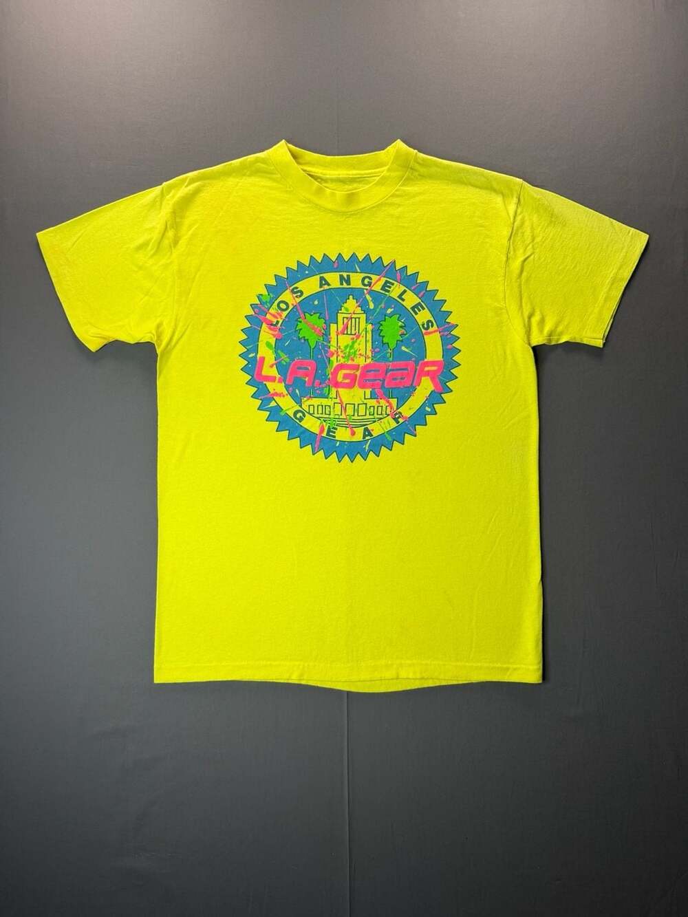La Gear Los Angeles Neon Graphic Puff Print T-Shirt Yellow Vintage 80s M